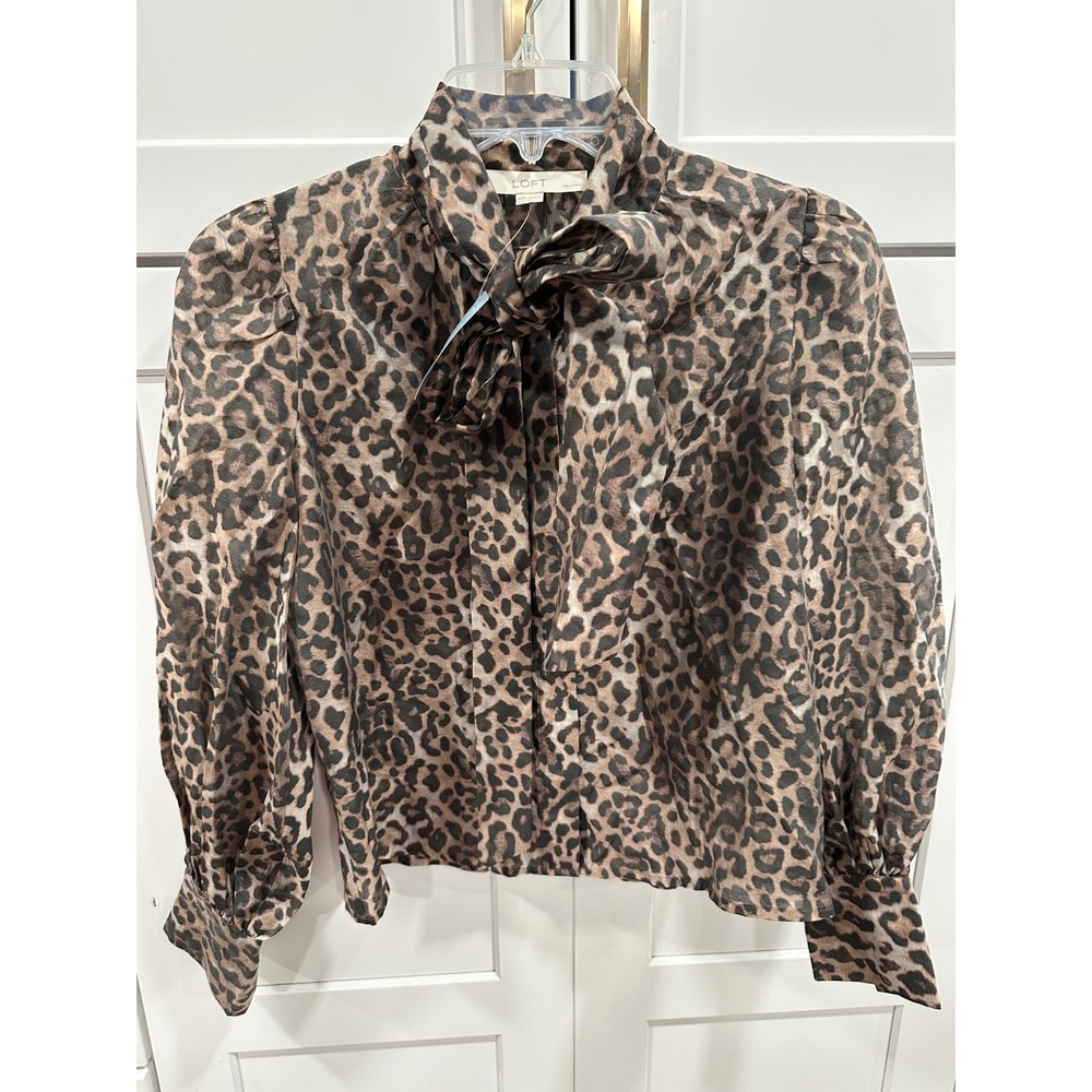 Loft Petites Leopard Print Tie Neck Blouse XXS Brown Animal Print Top